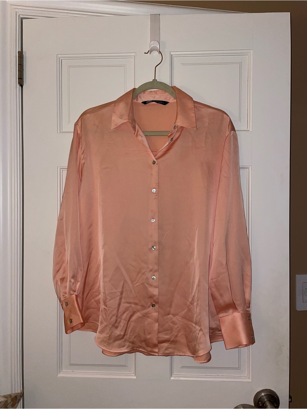 Zara Peach satin Button-Up Blouse